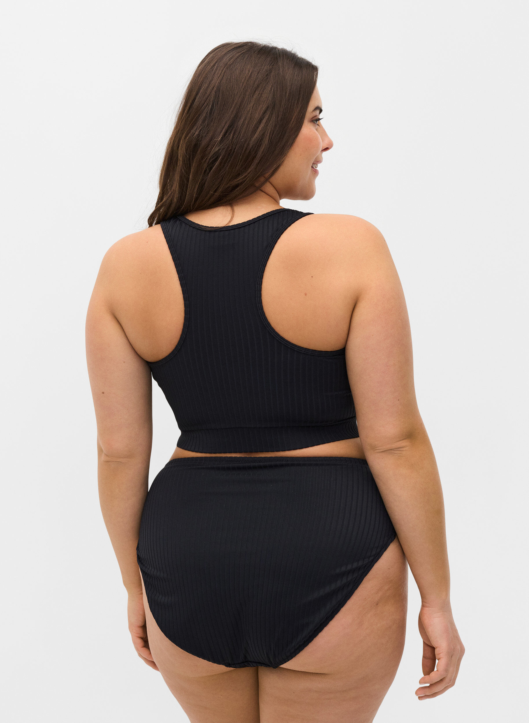 Zizzi Bikinibroekje met hoge taille en geribde textuur, Black, Model image number 1