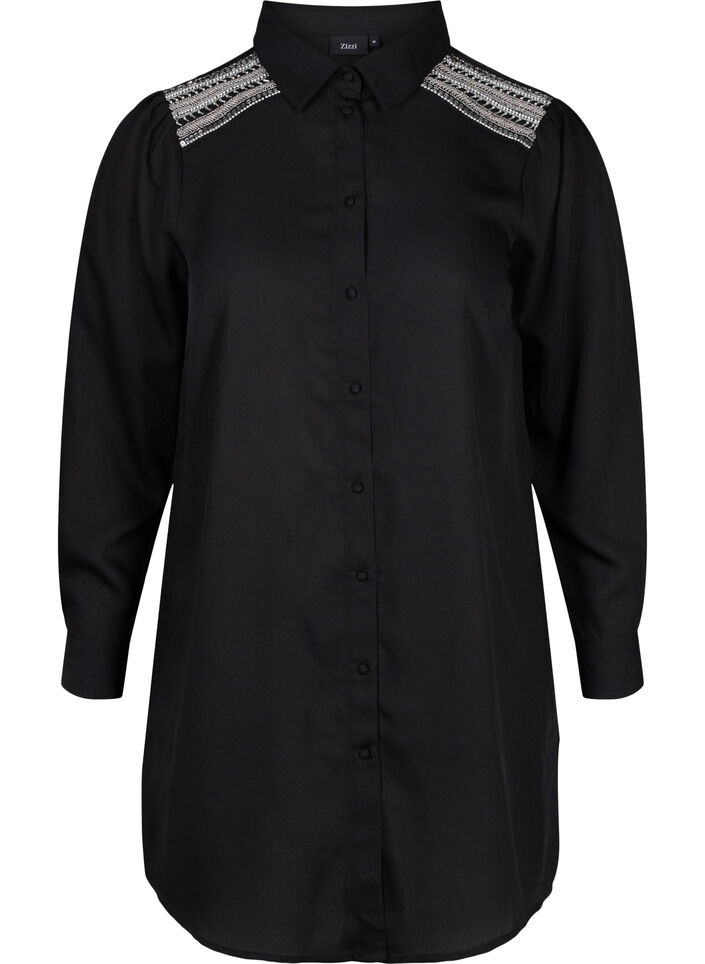 Lang shirt met parel details, Black, Packshot image number 0