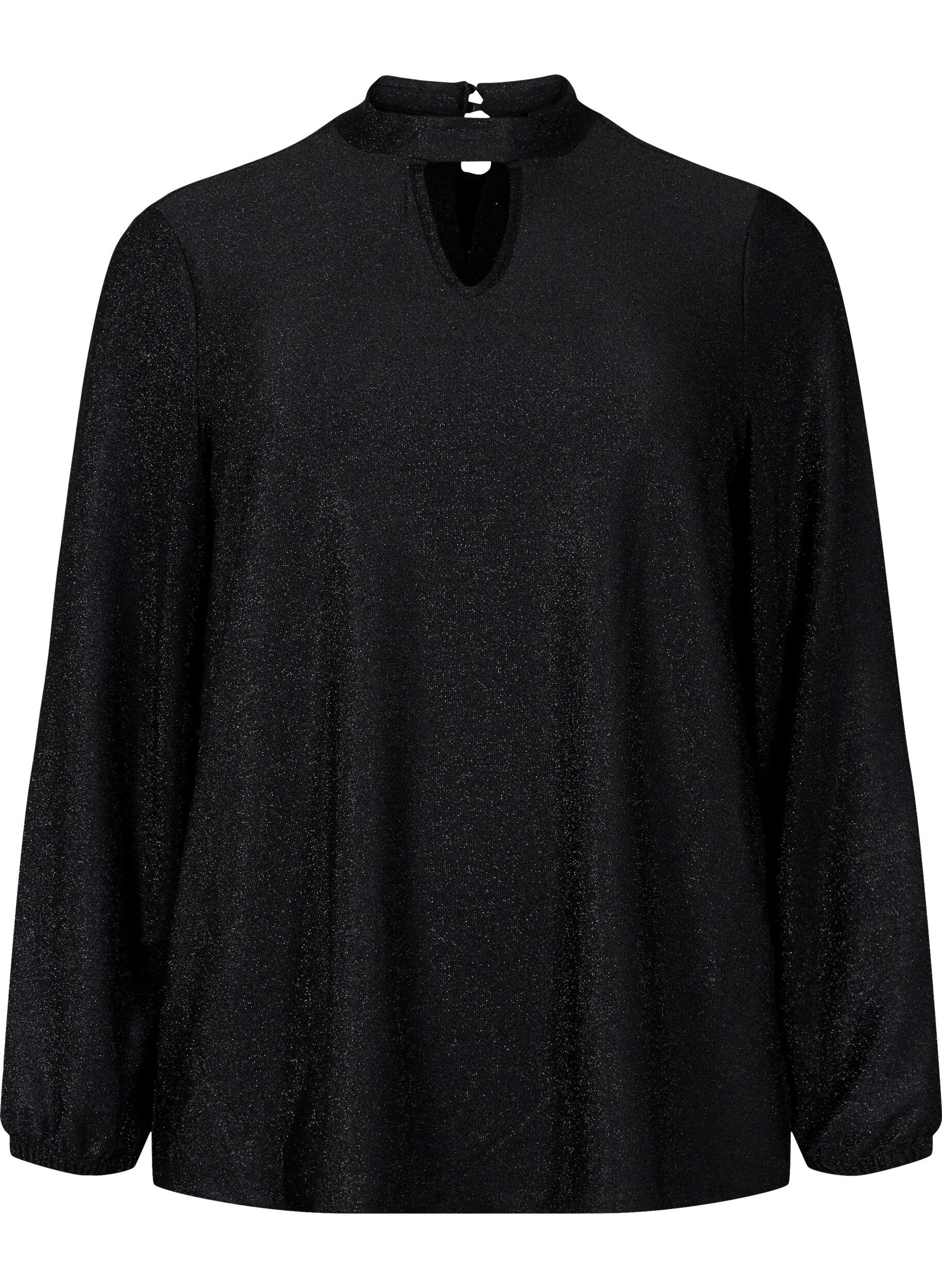 Zizzi Glitter blouse met lange mouwen, ronde hals en V-detail, Black Black, Packshot image number 0