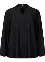 Glitter blouse met lange mouwen, ronde hals en V-detail, Black Black