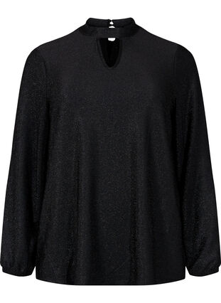 Glitter blouse met lange mouwen, ronde hals en V-detail, Black Black, Packshot image number 0