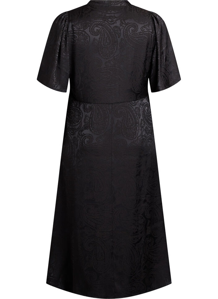 Midi-jurk met jacquard en paisleypatroon en vleugelmouwen, Zwart, Packshot image number 1