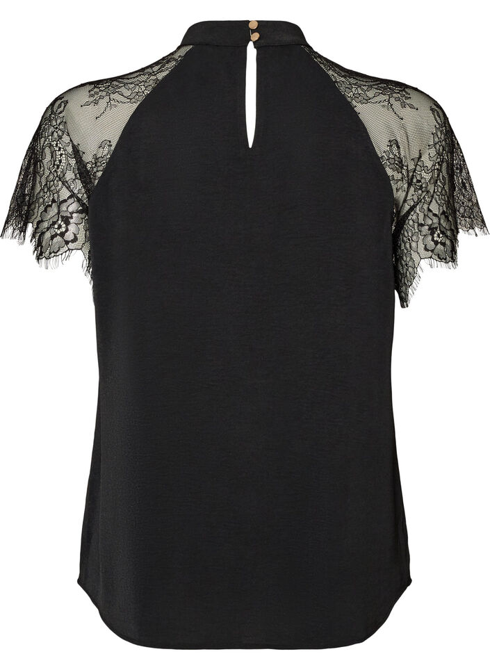 Blouse met korte kanten mouwen en hoge hals, Zwart, Packshot image number 1