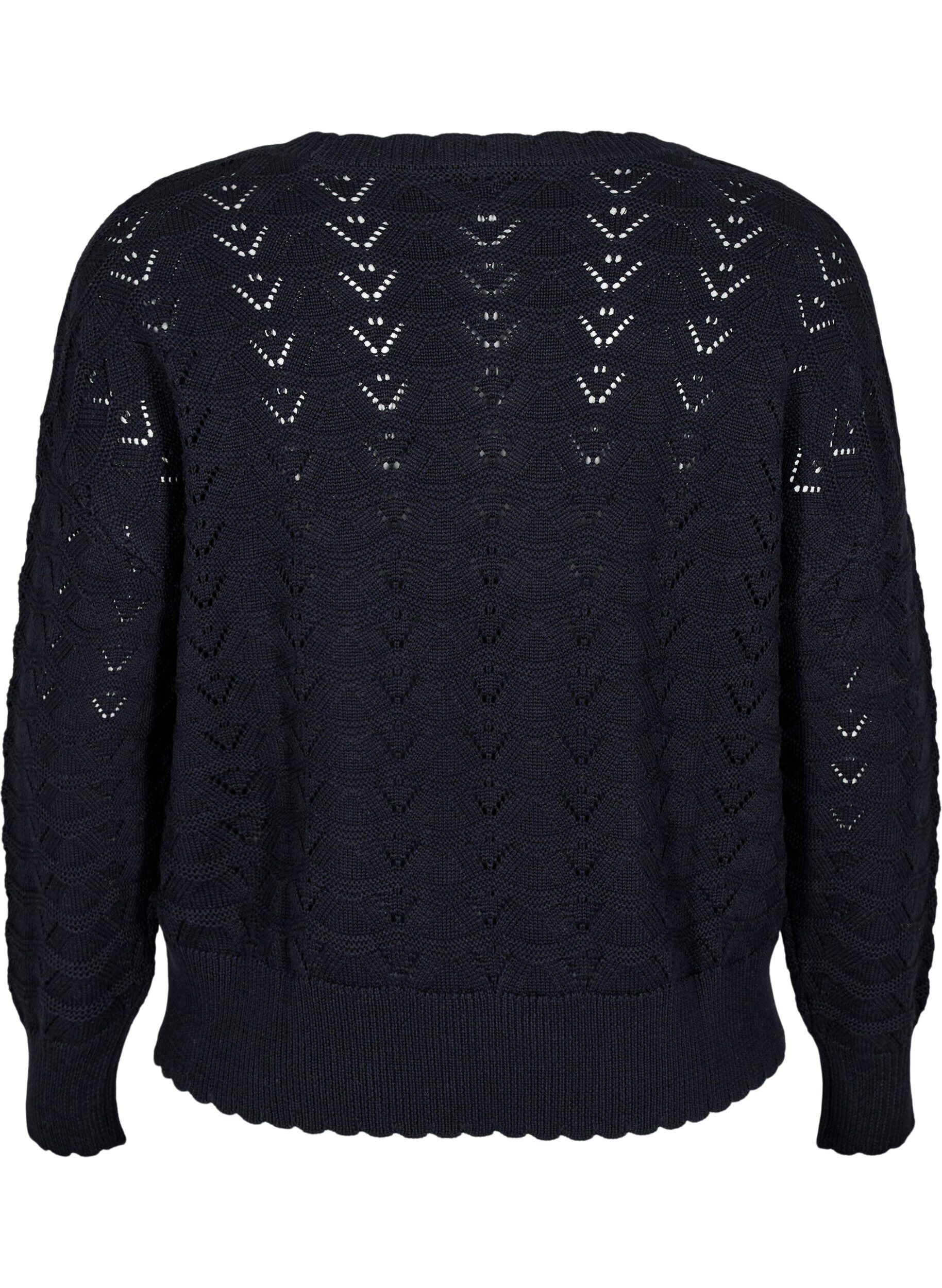 Zizzi Gebreide blouse met lange mouwen en een opengewerkt patroon, Black, Packshot image number 1