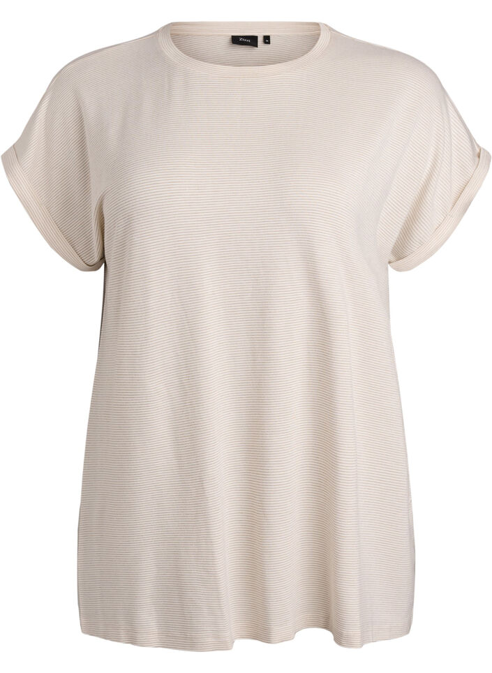 Viscose T-shirt met glitterstrepen, Vanille, Packshot image number 0