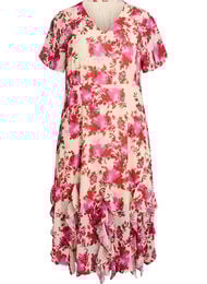 Bloemenprint chiffon jurk met ruches en een V-hals, 9990