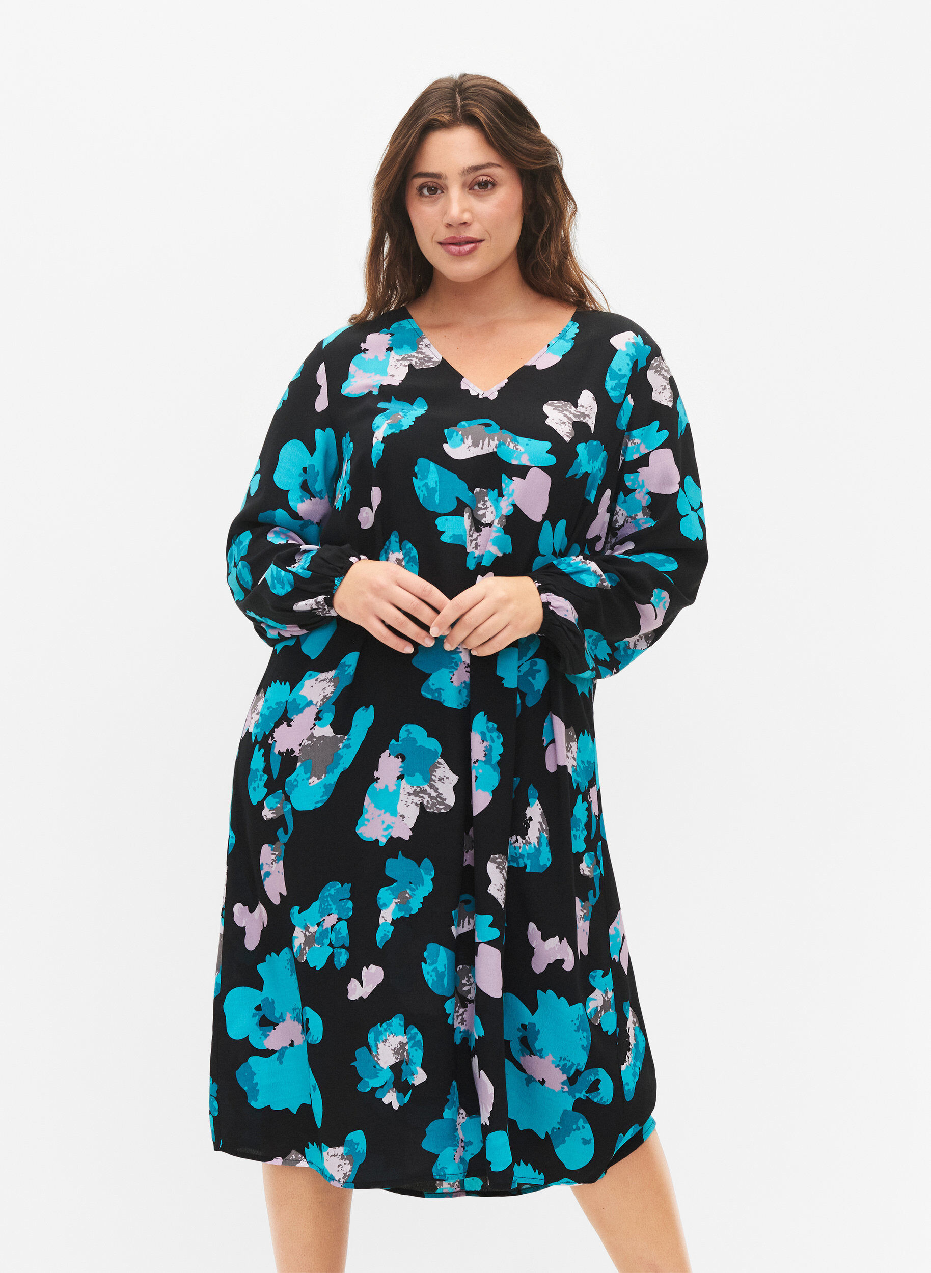 Zizzi Viscose jurk met lange mouwen en print, Blue AOP, Model image number 0