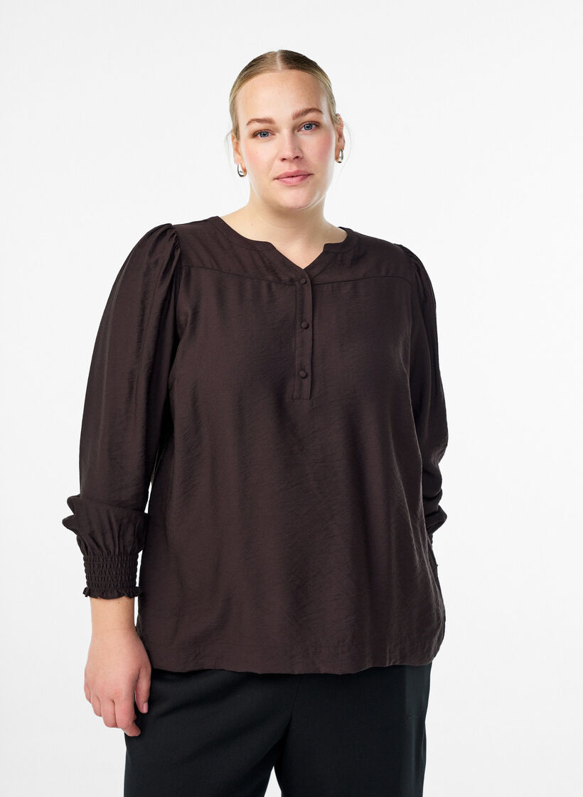 Viscose blouse met smock en geplooide details, Bruin, Model image number 0