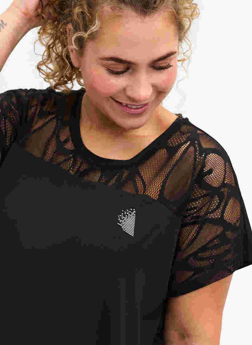 Trainings-T-shirt met korte mouwen en mesh met patroon, Black, Model image number 2