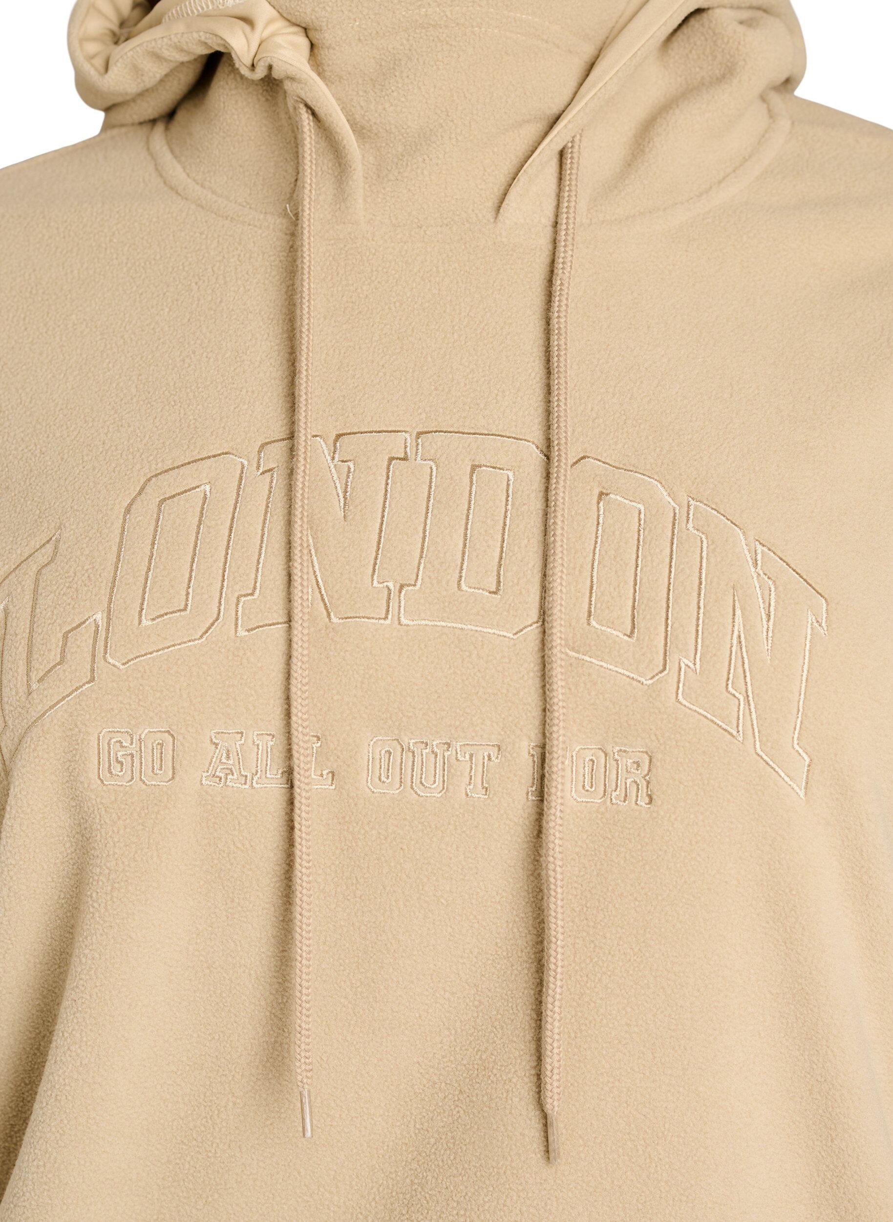ZizziFleece hoodie met een hoge nek en geborduurde tekst, Beige, Packshot image number 2