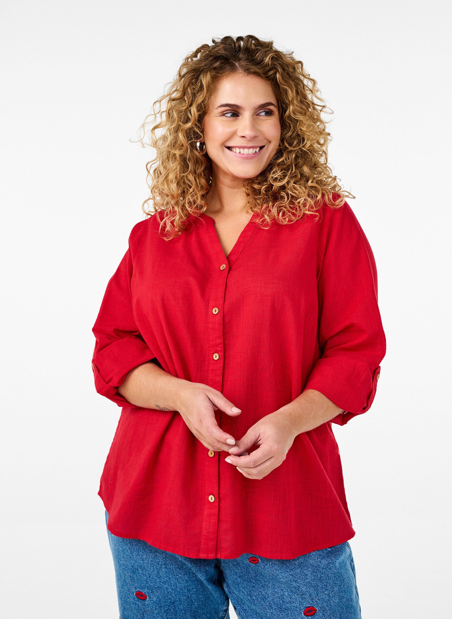 Zizzi Katoenen blouse met een V-hals, Rood, Model image number 0