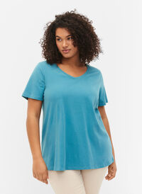Basic t-shirt in effen kleur met katoen, Brittany Blue, Model