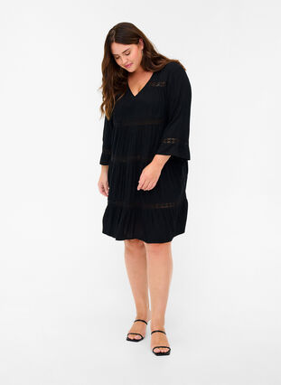 Viscose jurk met a-lijn en kanten lint, Black, Model image number 2