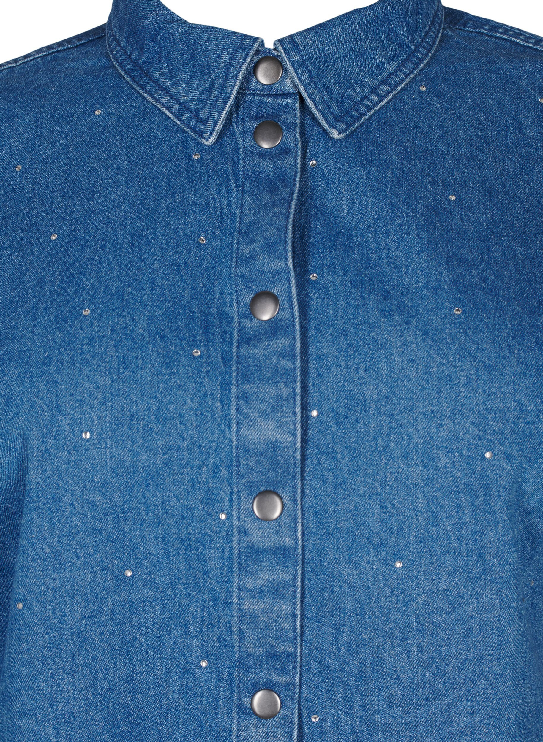 Zizzi Denim shirt met strassteentjes en driekwartmouwen, Bl. Denim Rhinestone, Packshot image number 2