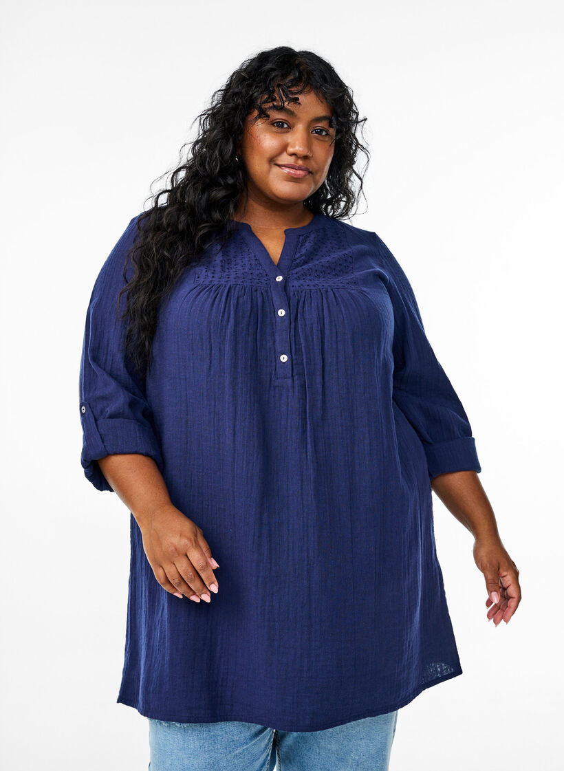 Katoenen mousseline tuniek met broderie anglaise, Blauw, Model image number 0