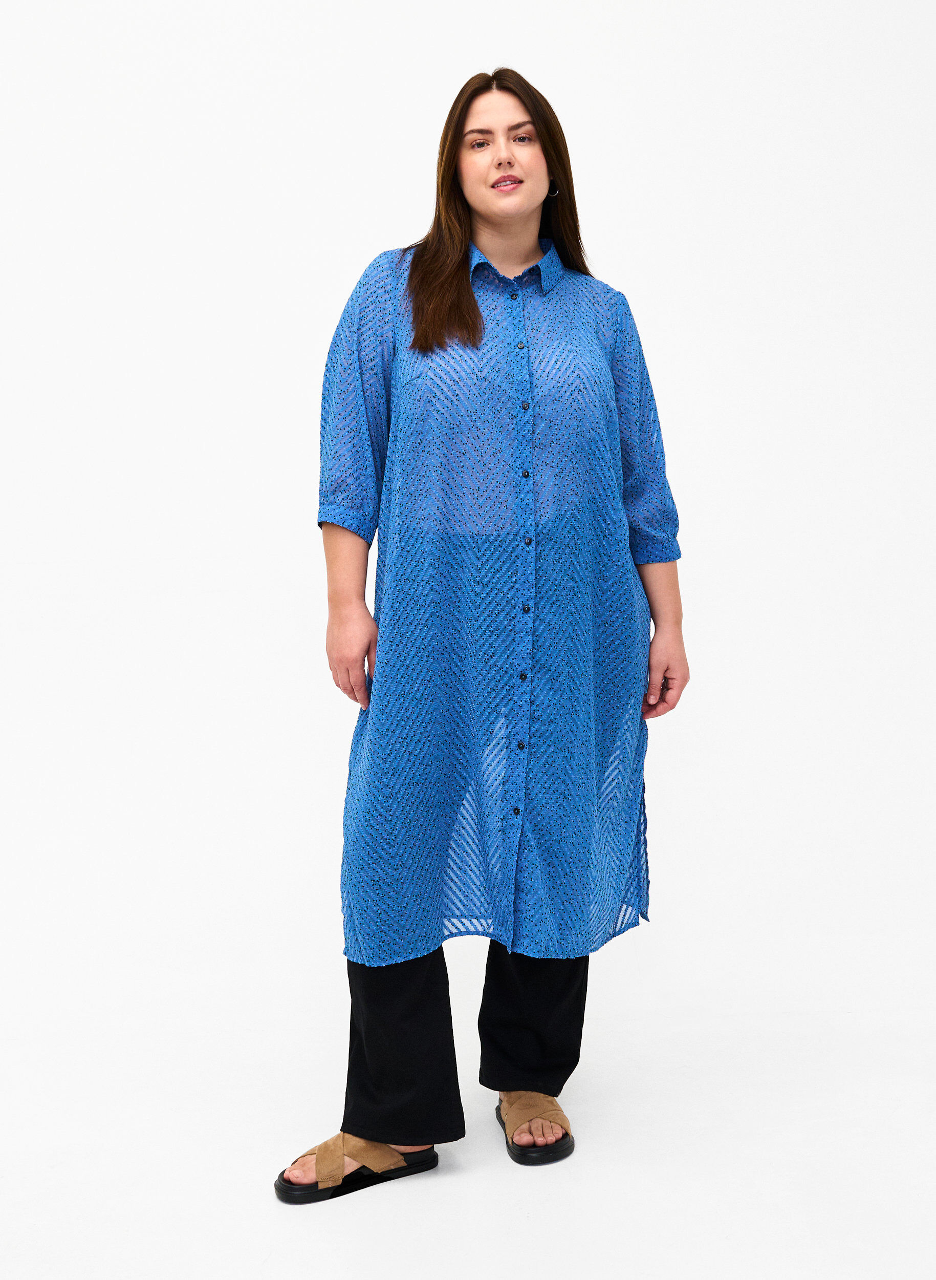 Zizzi Gestippelde overhemdjurk met 3/4-mouwen en split, Riverside Dot, Model image number 0