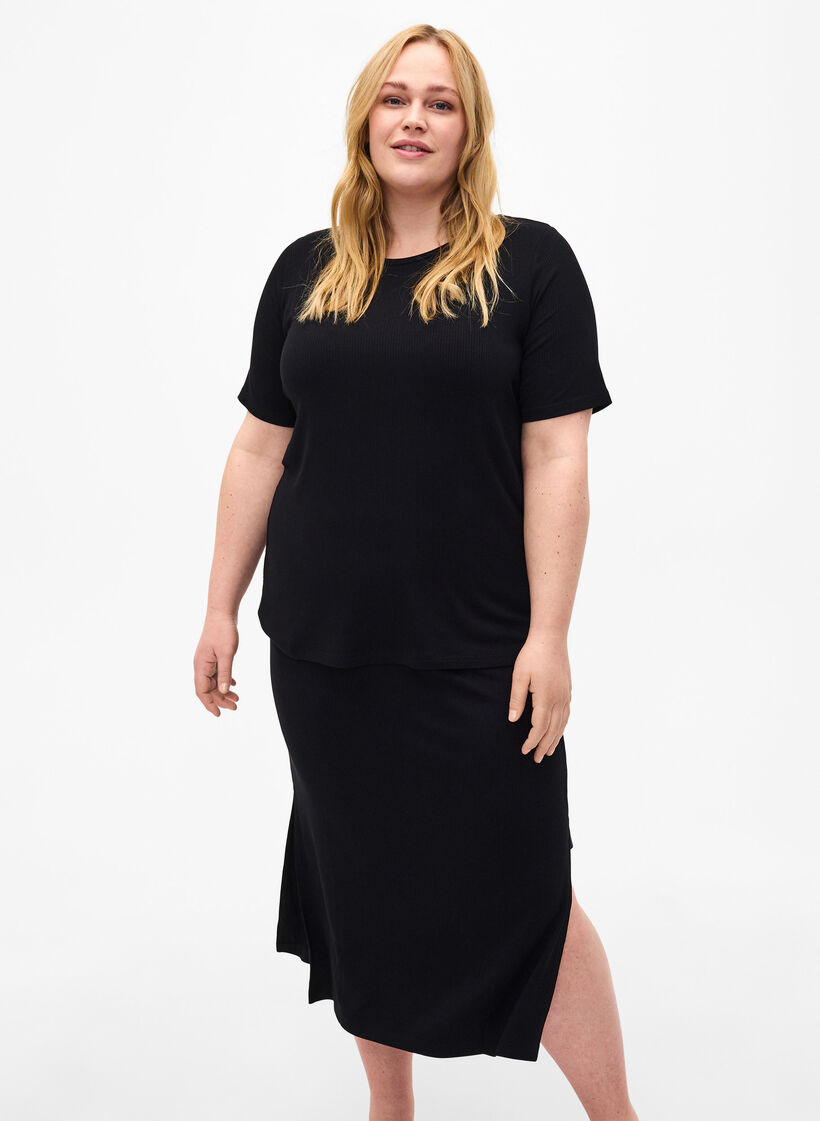 Viscose midirok met slanke pasvorm, Zwart, Model image number 0
