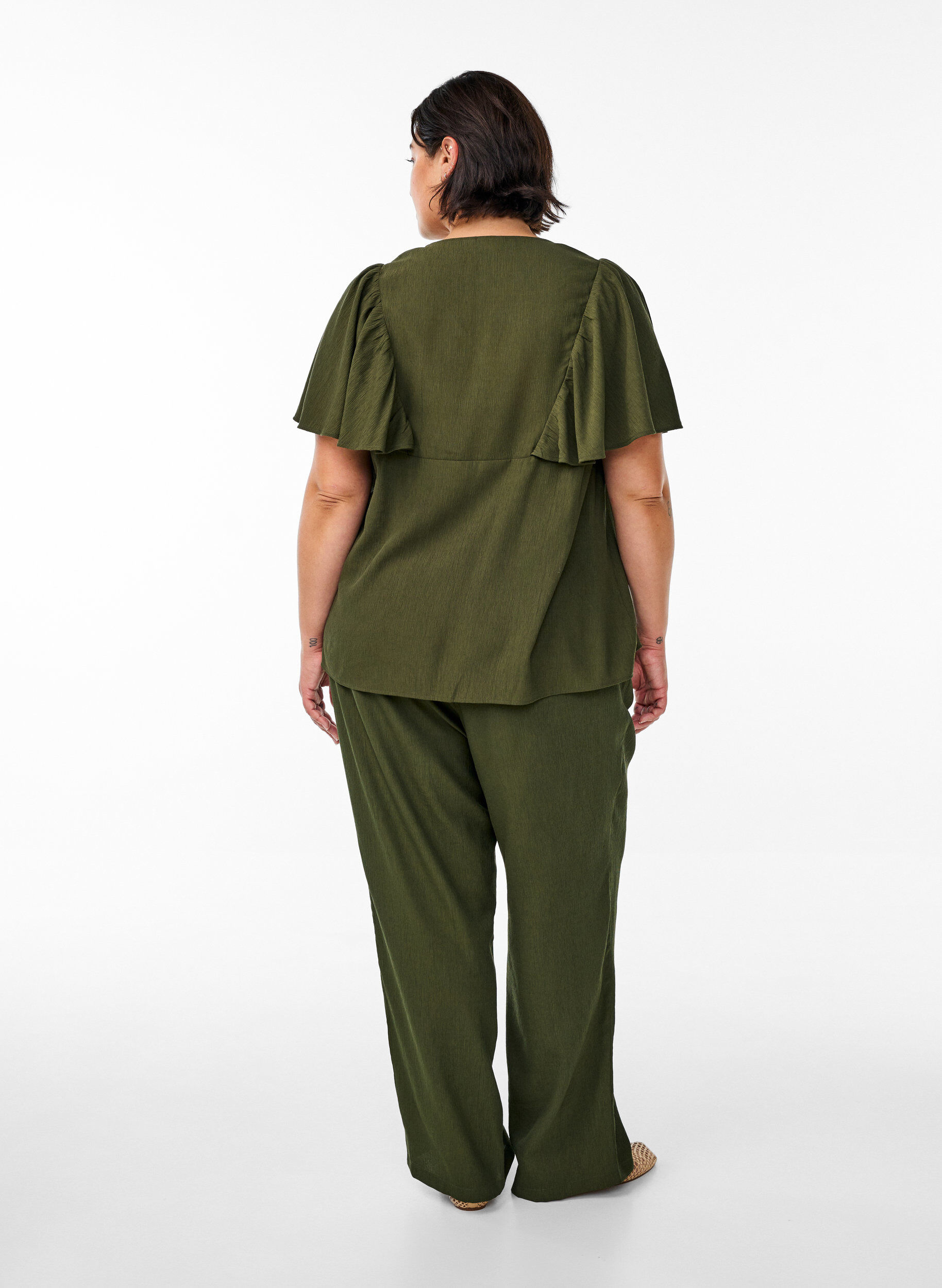 Zizzi Viscose broek met hoge taille en zakken, Groen, Model image number 2