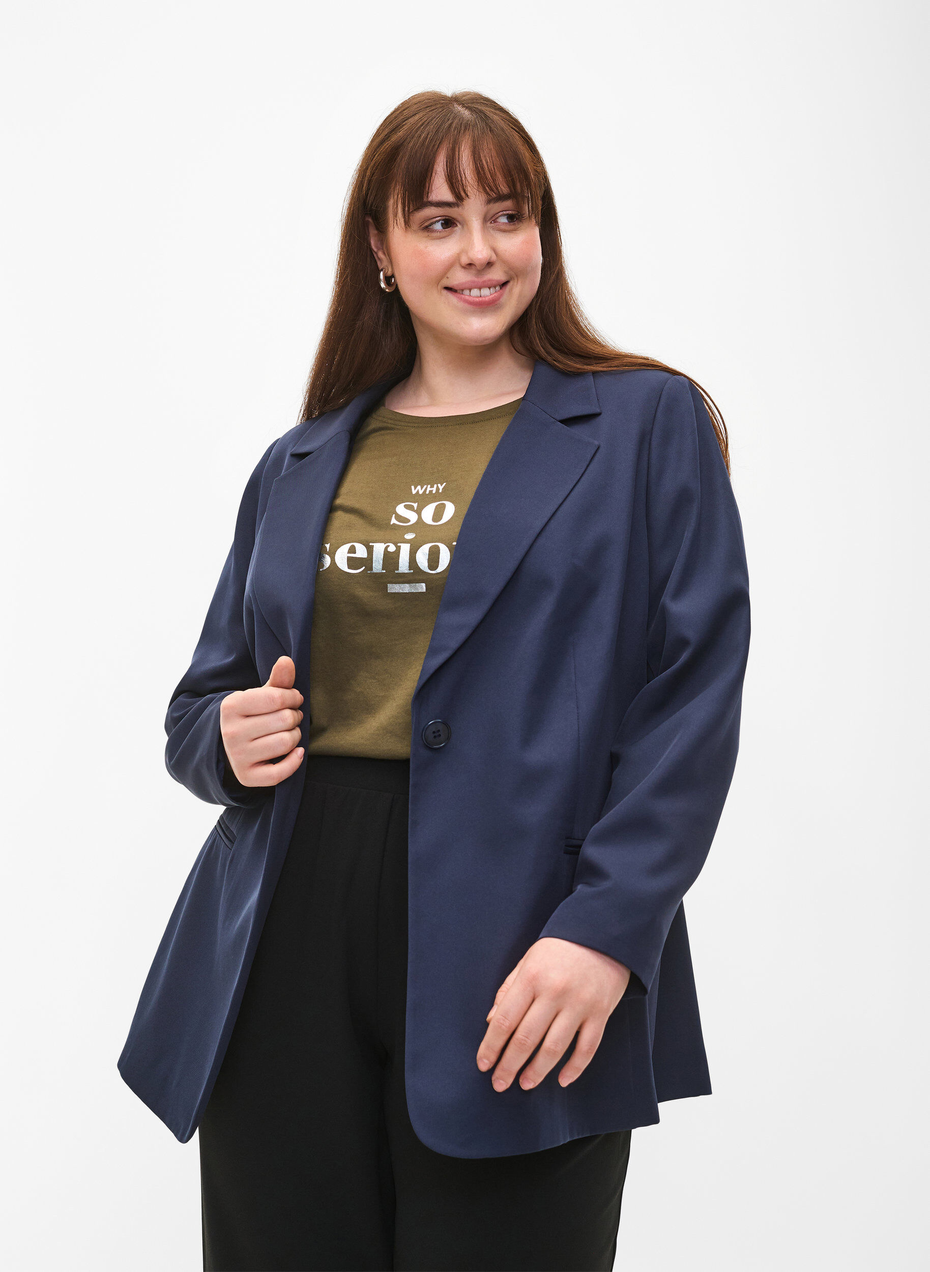 Zizzi FLASH - Eenvoudige blazer met knoop, Blauw, Model image number 0