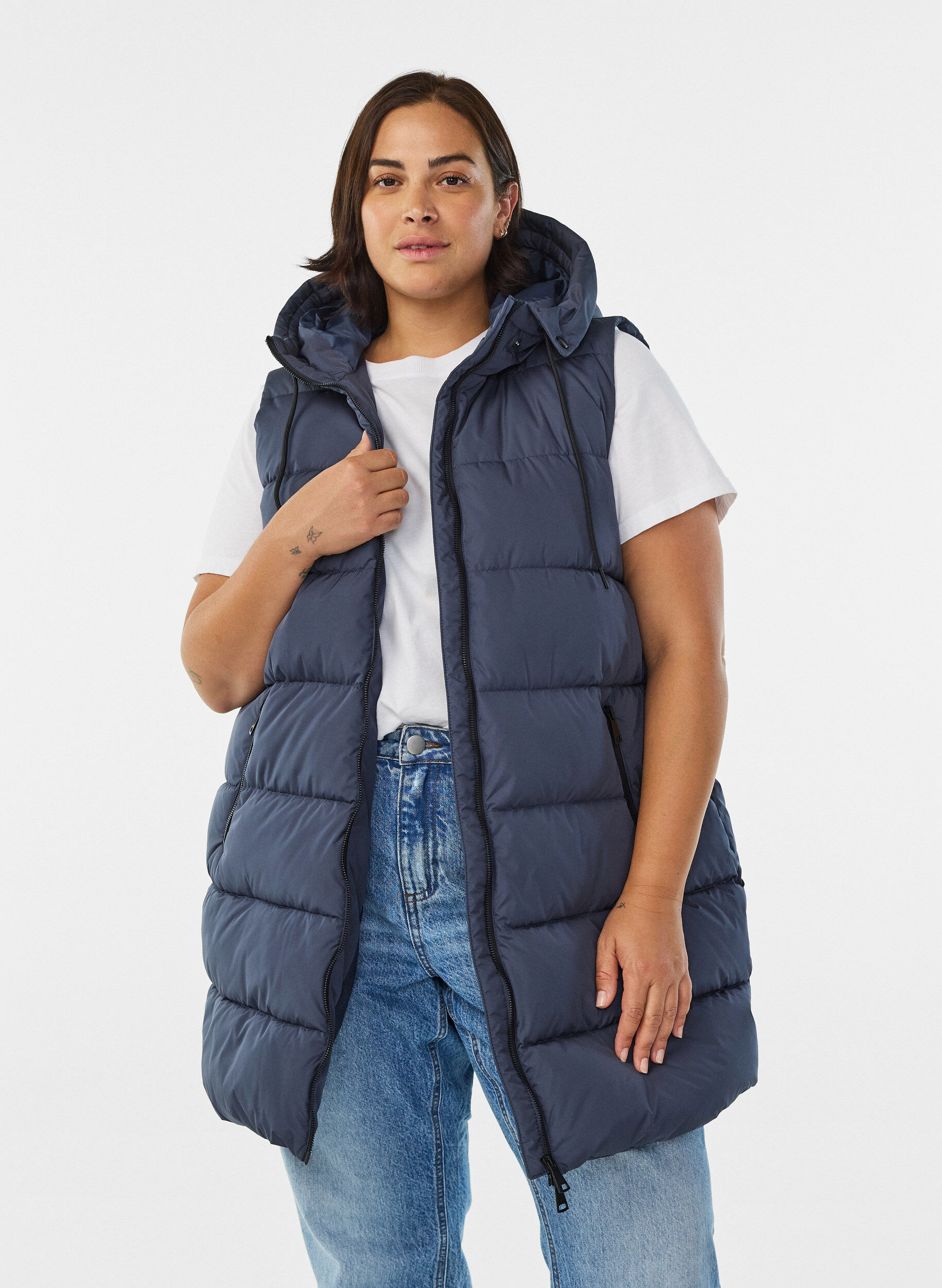 ZizziLange vest met capuchon en zakken, Blauw, Model image number 0