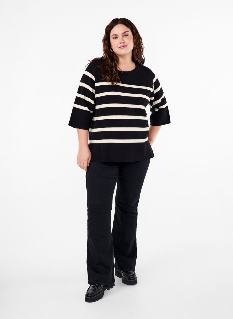 Gebreide blouse met 3/4 mouwen en strepen, Black Birch Stripes, Model image number 2