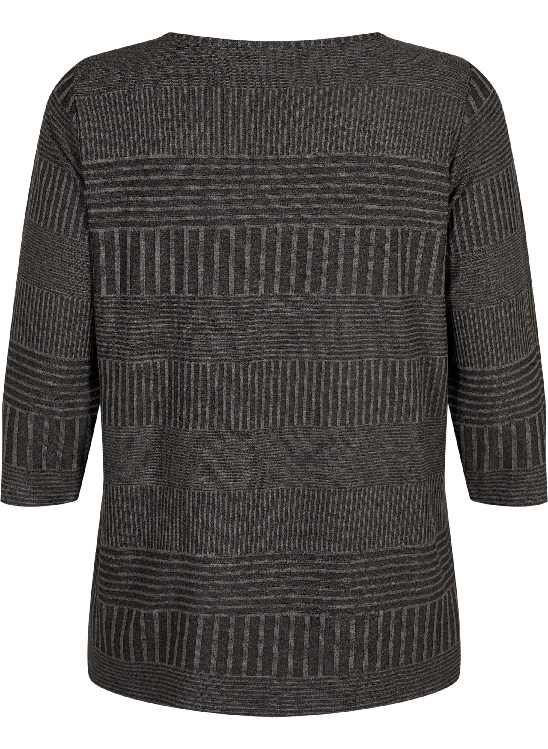 Zizzi Blouse met driekwartmouwen en een gestreept patroon, Dark Grey Melange, Packshot image number 1