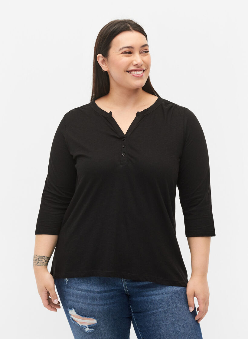Katoenen blouse met 3/4-mouwen, Black, Model image number 0