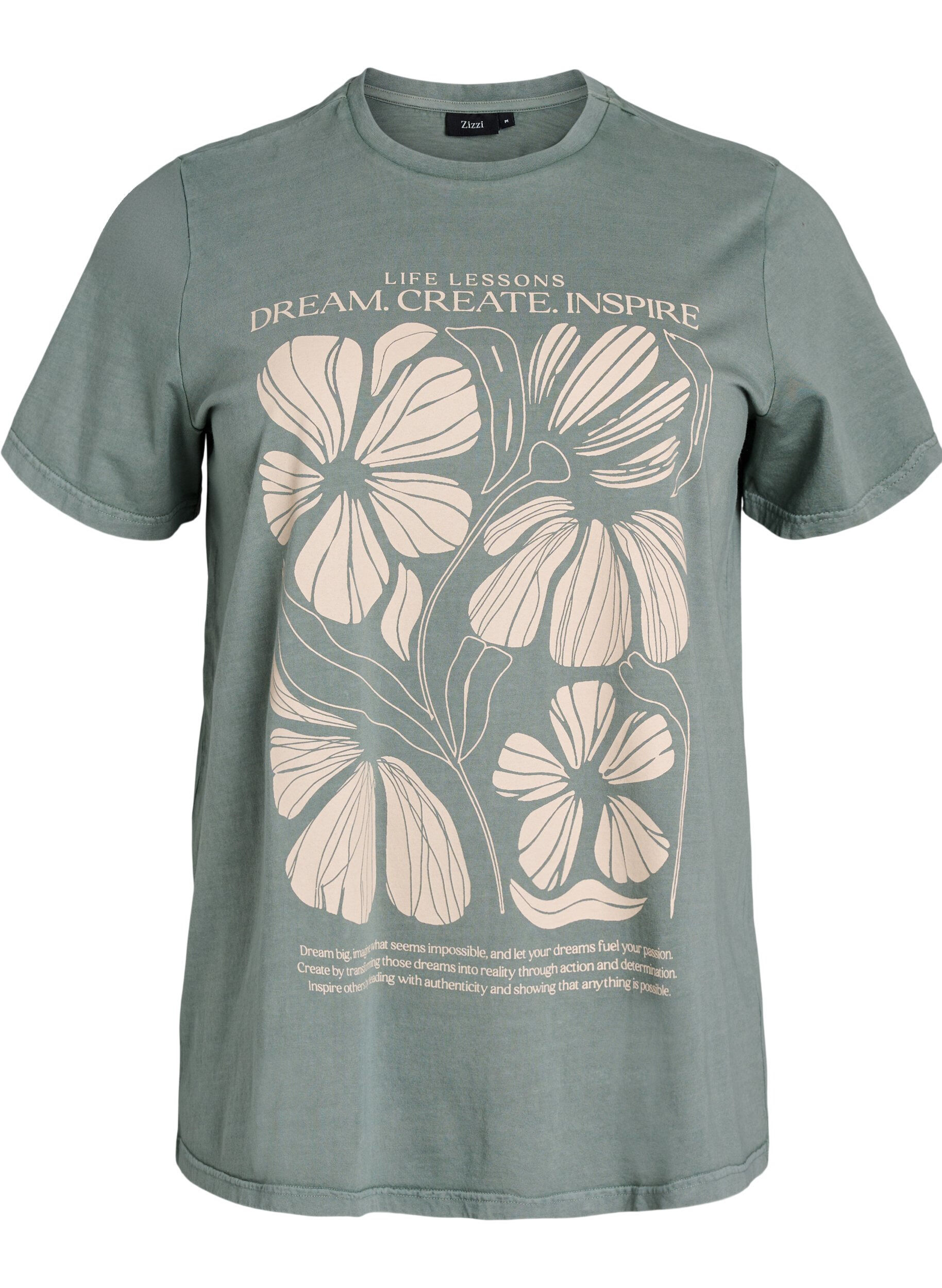 Zizzi T-shirt met tekst en bloemenprint van biologisch katoen, Groen, Packshot image number 0