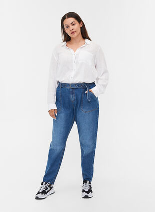 Jeans met hoge taille en riem, Blue denim, Model image number 0
