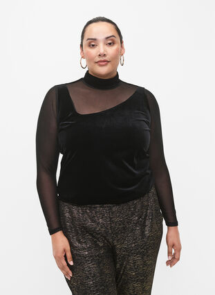 Fluwelen blouse met lange netmouwen	, Black, Model image number 2