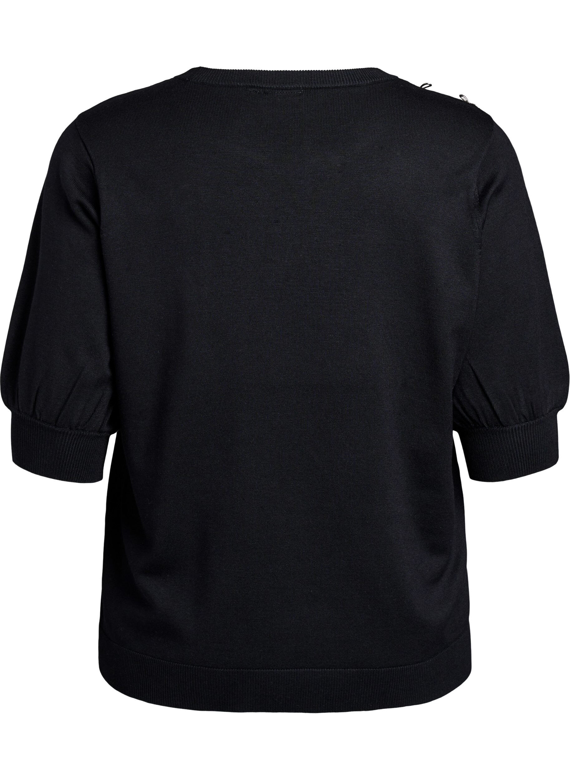 Zizzi Gebreide blouse met korte mouwen en kleine strikken, Zwart, Packshot image number 1