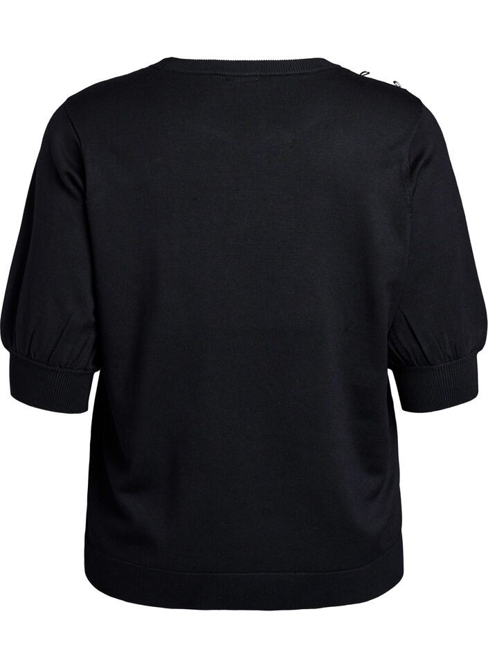 Gebreide blouse met korte mouwen en kleine strikken, Zwart, Packshot image number 1