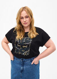T-shirt van biologisch katoen met gouden opdruk, Black W. Free, Model