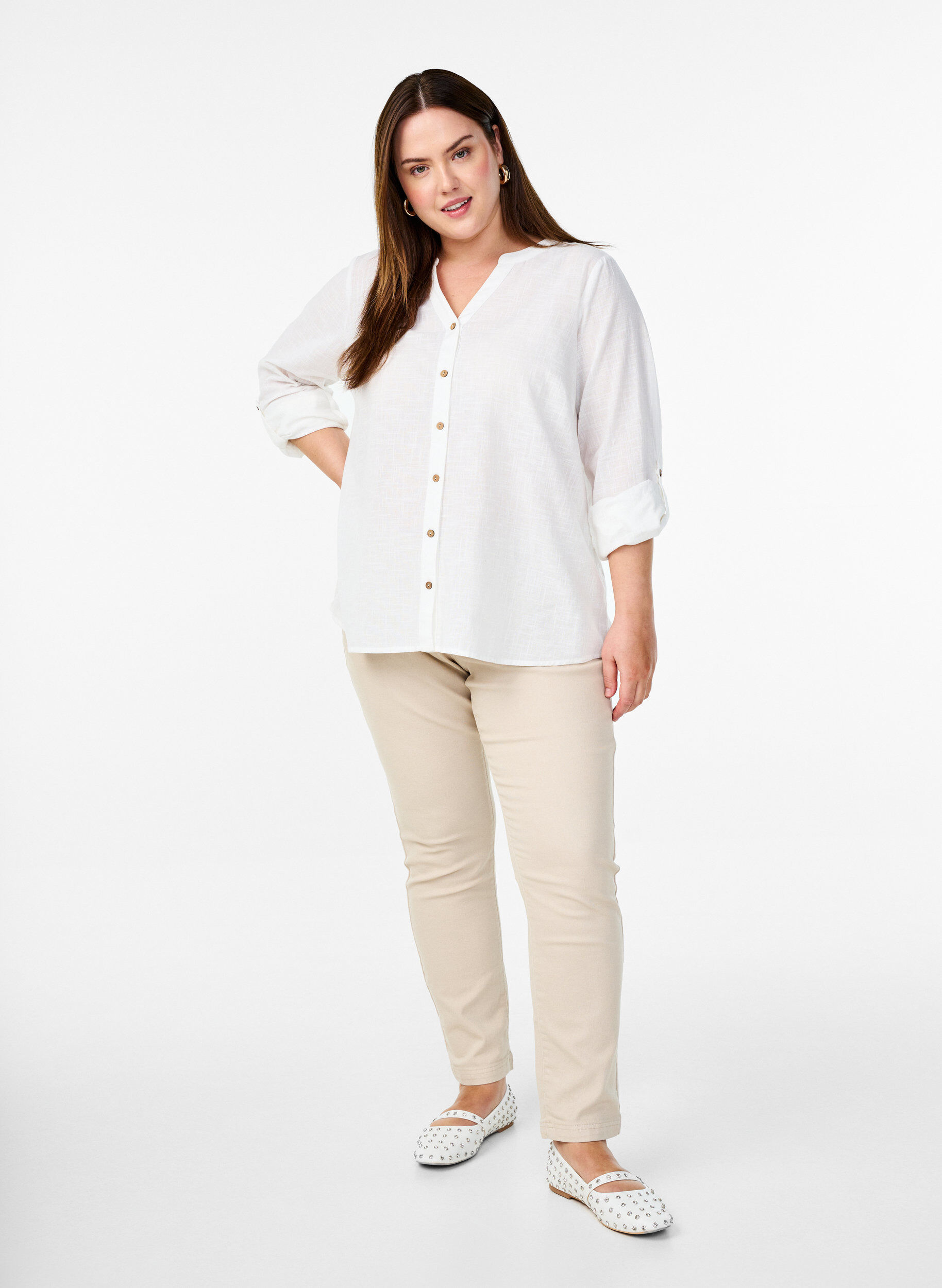 Zizzi Katoenen blouse met een V-hals, Wit, Model image number 1