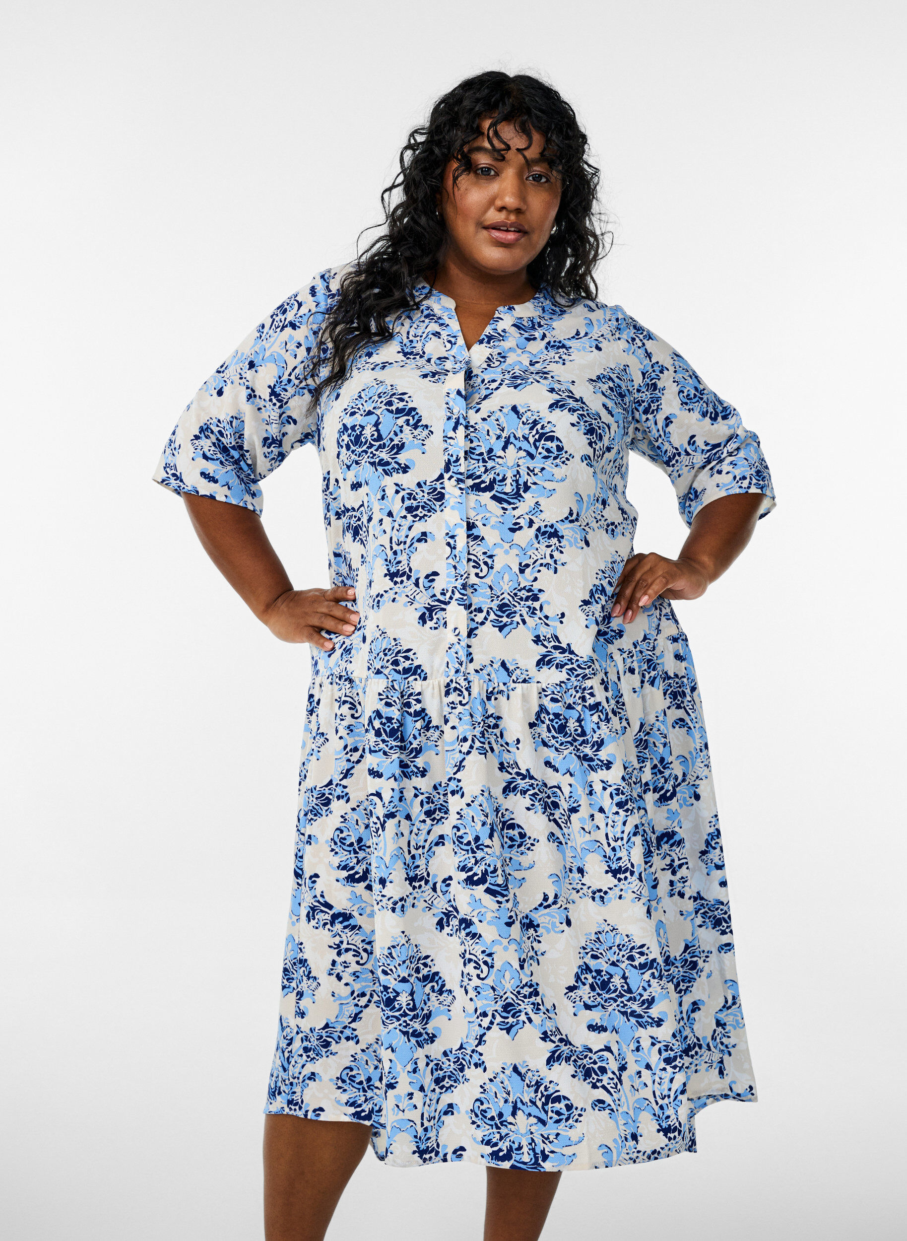 A-lijn midi-jurk met korte mouwen, Beige, Model