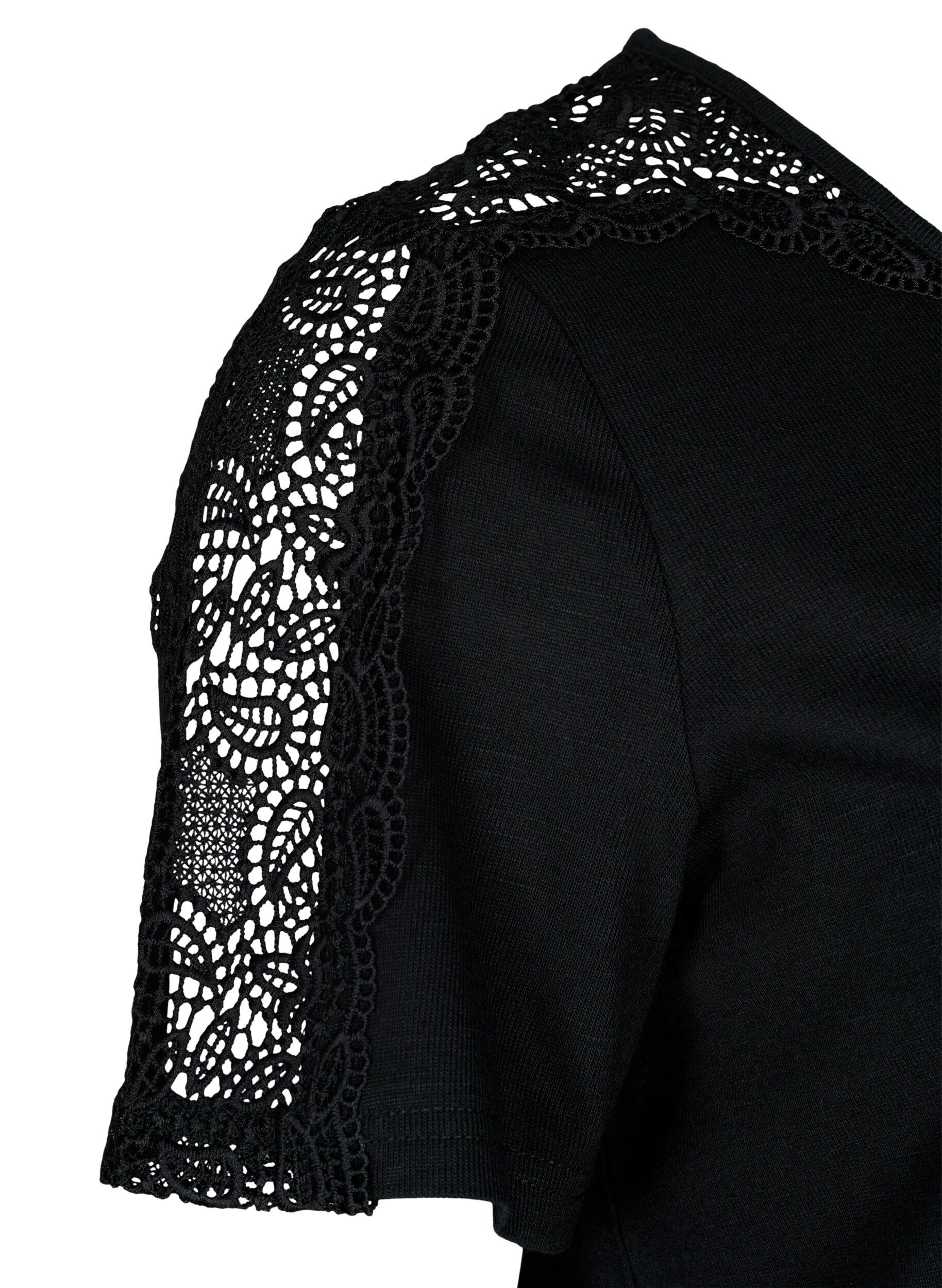Zizzi Blouse met korte mouwen, kant en v-hals, Black, Packshot image number 3