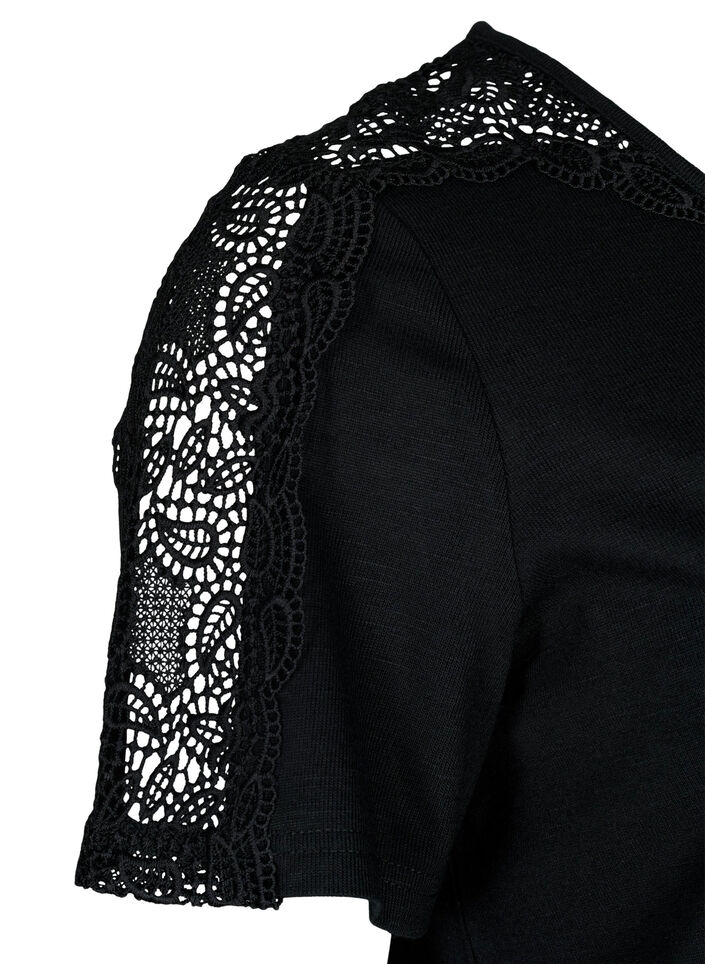Blouse met korte mouwen, kant en v-hals, Black, Packshot image number 3