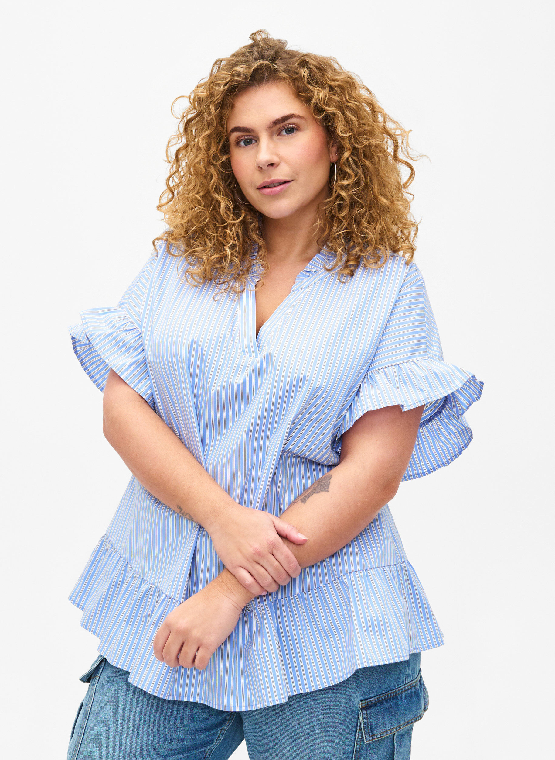 Zizzi Gestreepte blouse met peplum en ruches, Blue Stripe, Model image number 0