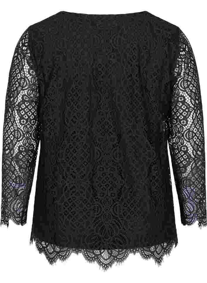 Kanten blouse met lange mouwen en v-hals, Black, Packshot image number 1