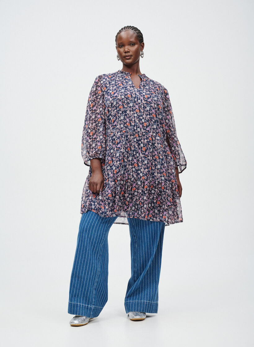Tunic met bloemenprint en glitterdraden, Blauw, Image image number 0
