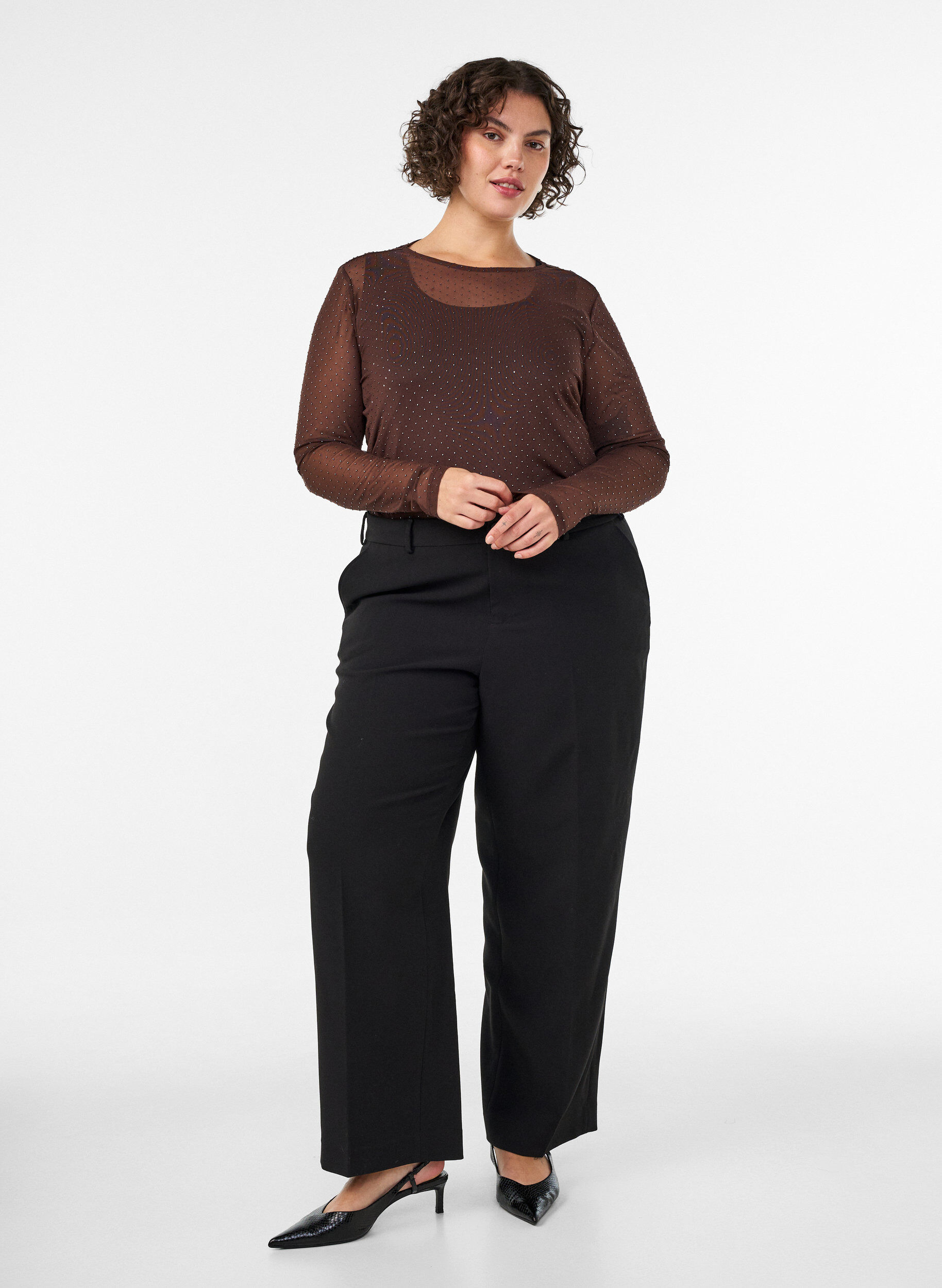ZizziTransparante mesh blouse met strassteentjes, Bruin, Model image number 1