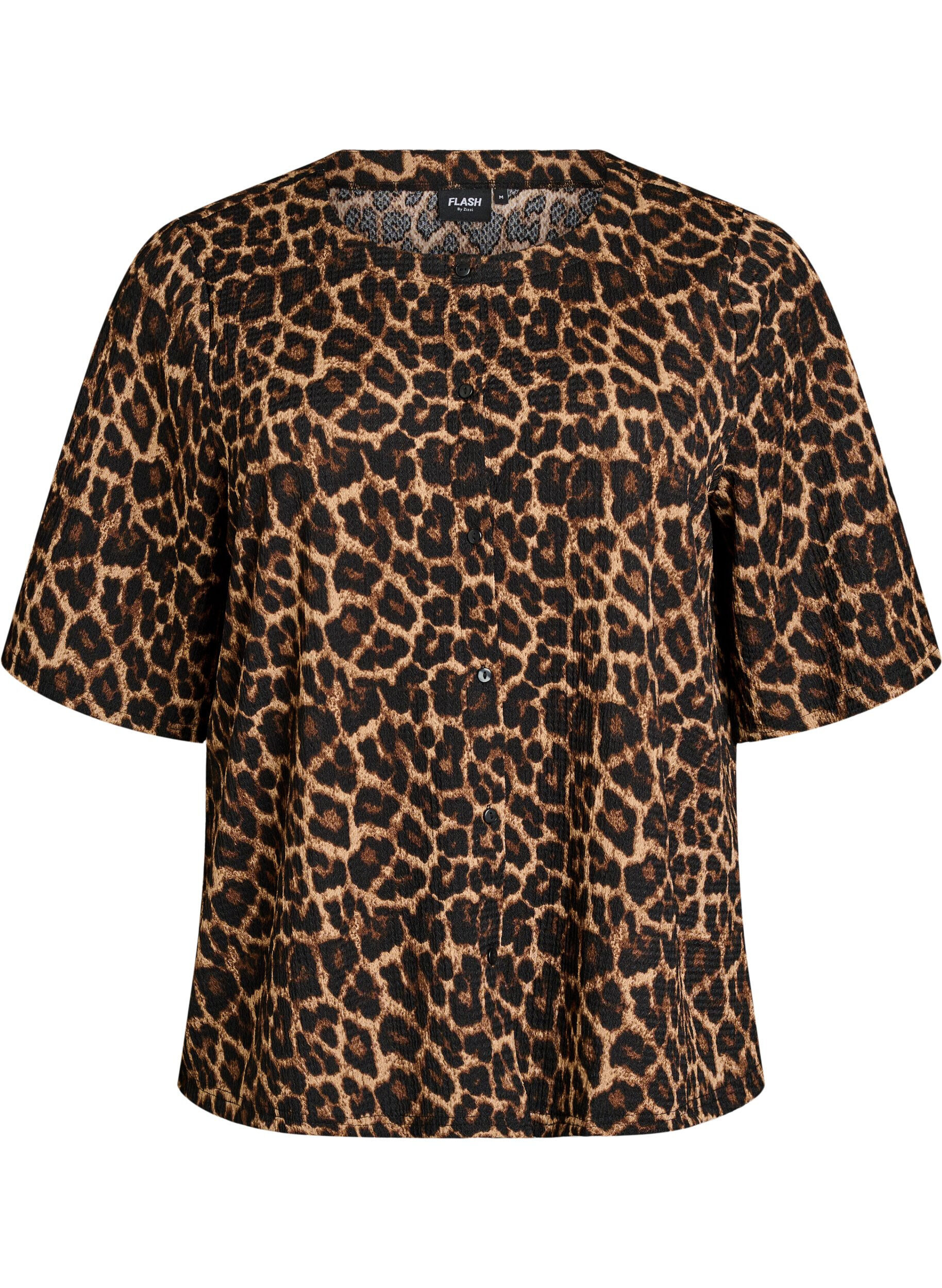 Zizzi Blouse met korte mouwen, structuur en knoopsluiting, Zwart, Packshot image number 0