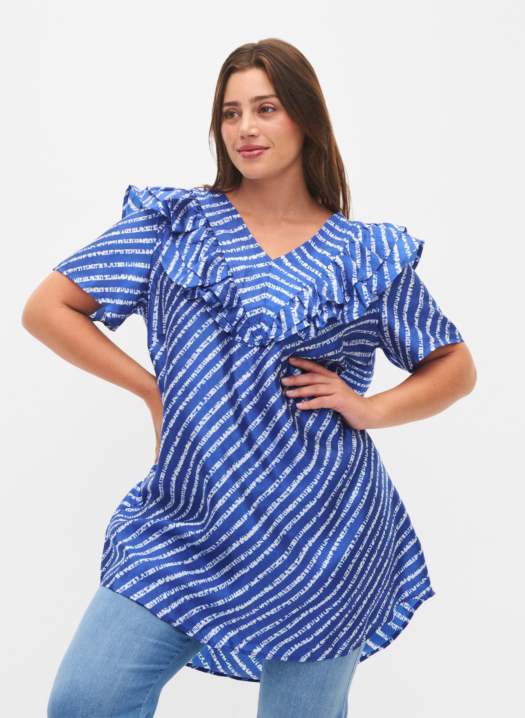 Zizzi Gestreepte tuniek met franjes, S.T.W./White Stripes, Model image number 0