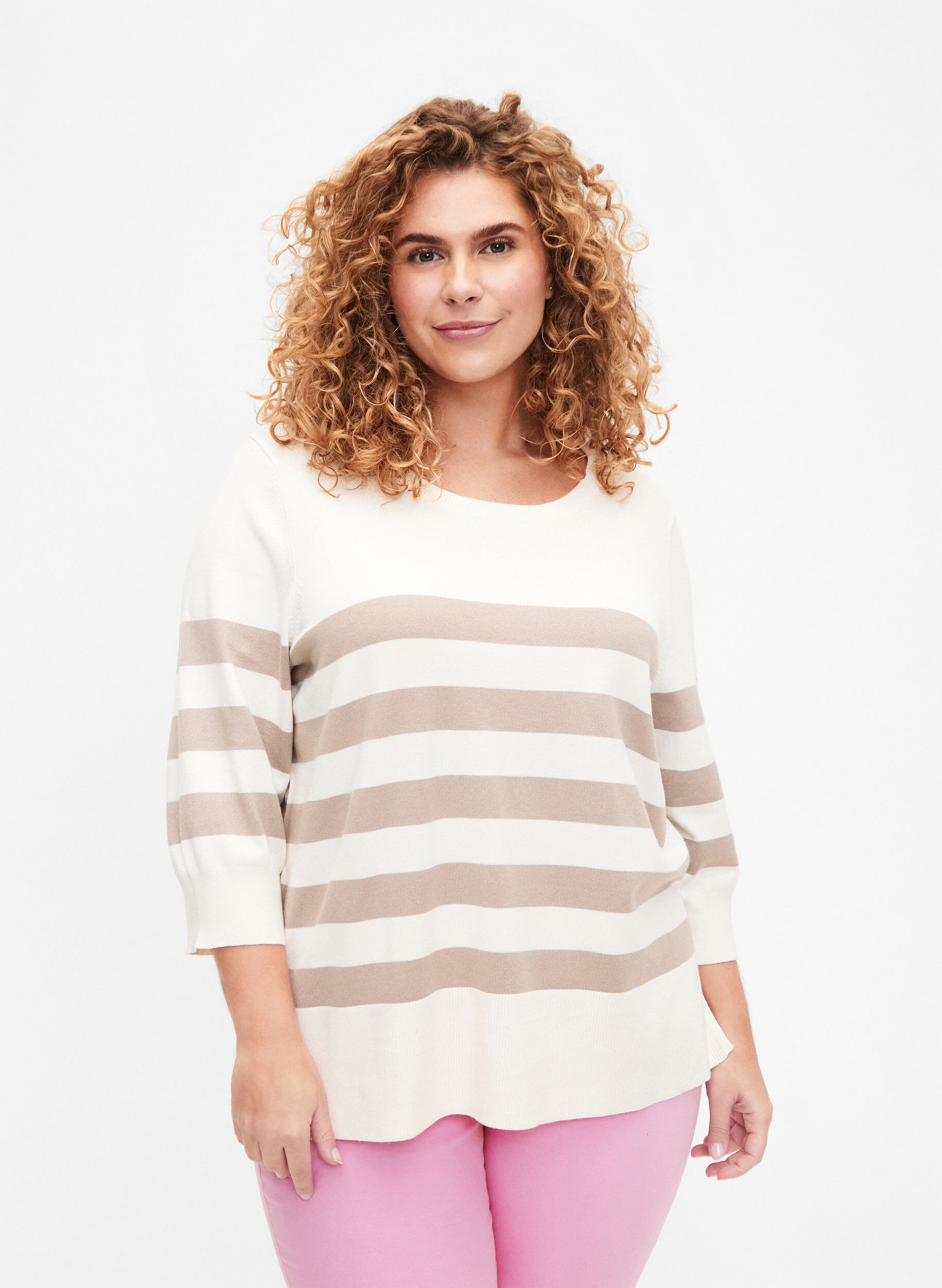 Zizzi Gestreepte pullover van viscose met 3/4 mouwen, Birch/Simply Taupe, Model image number 0