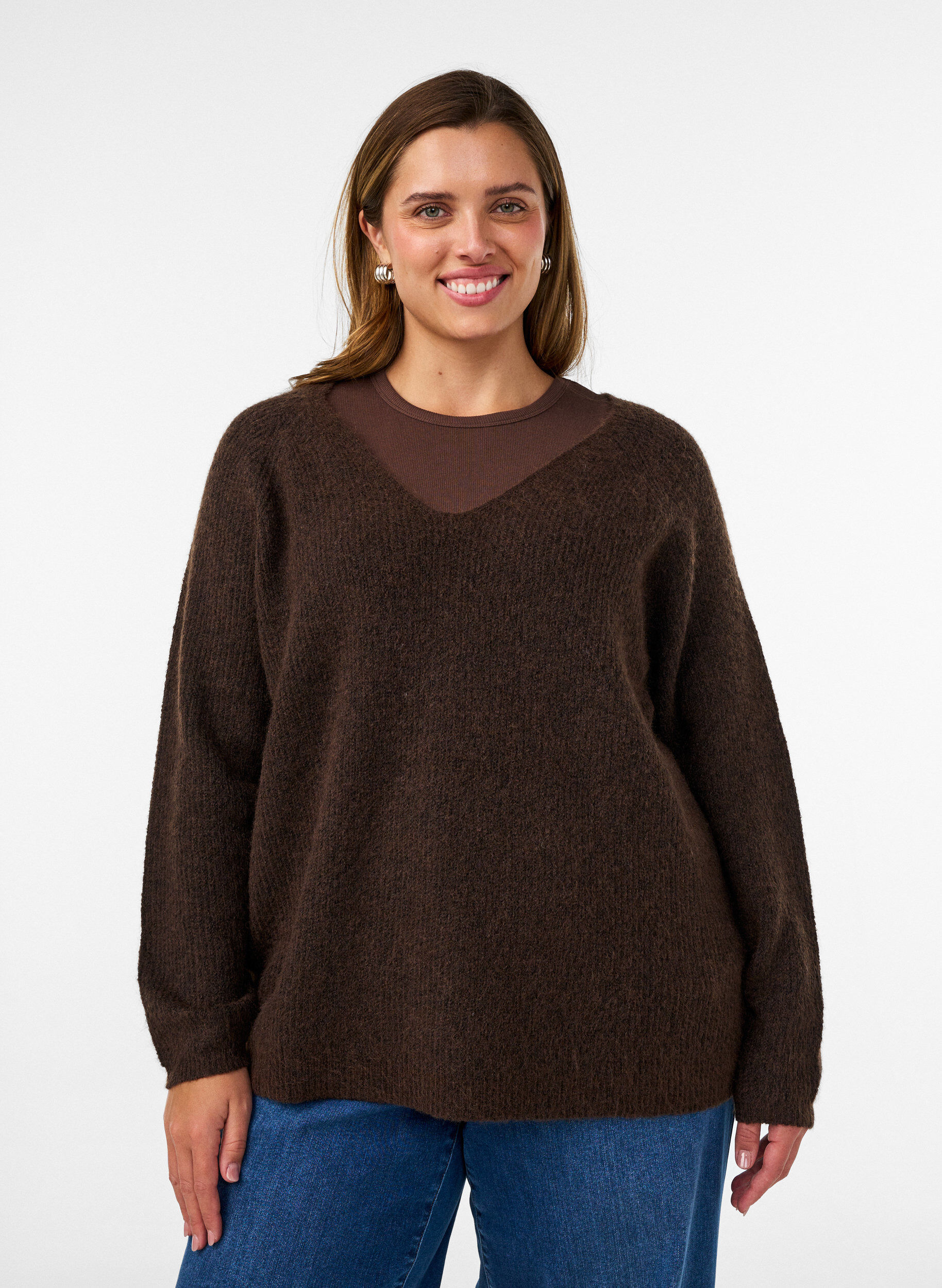 ZizziGebreide blouse met V-hals en raglanmouwen, Bruin, Model image number 0