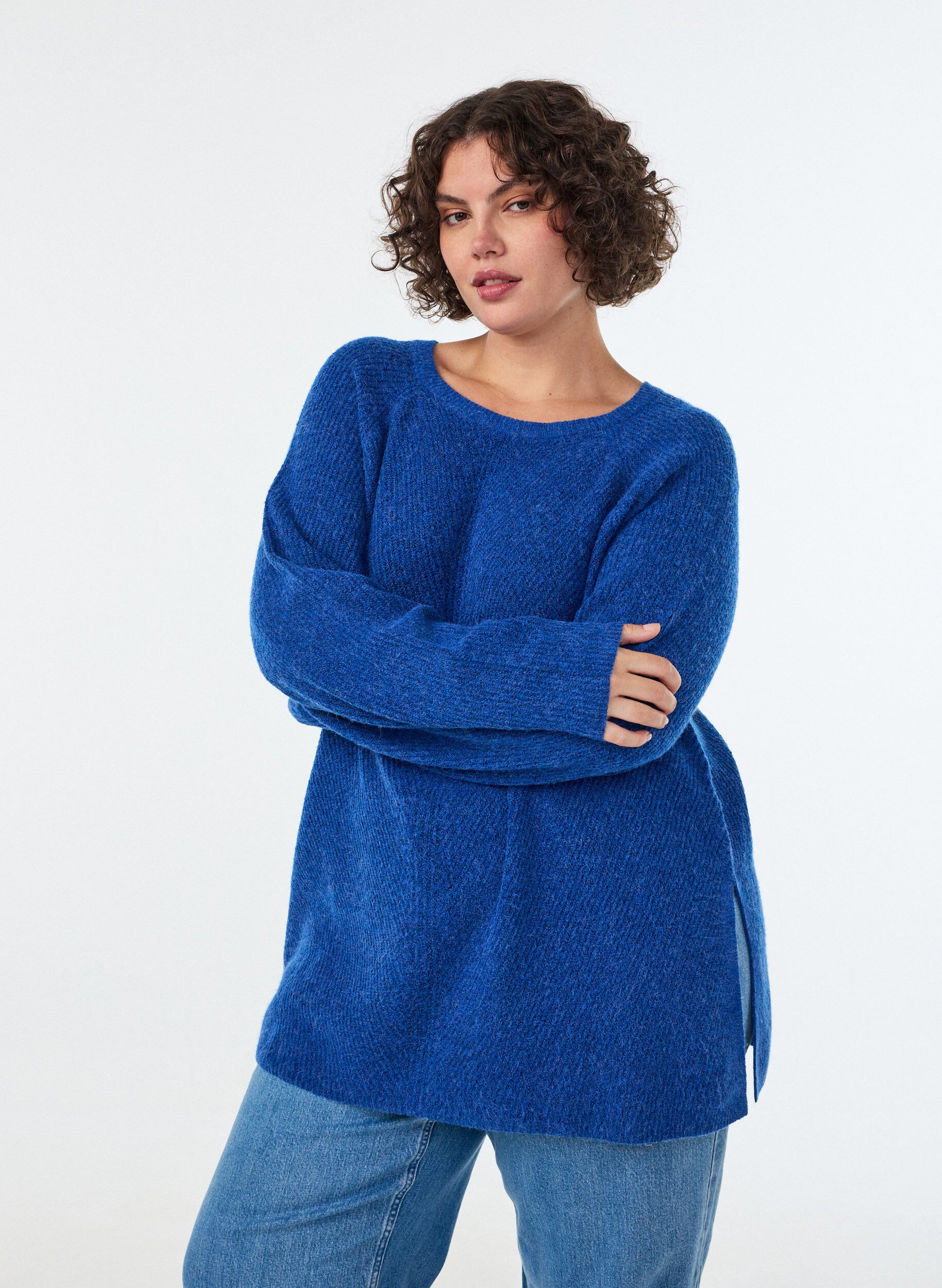 ZizziGebreide trui met een diagonaal patroon en raglanmouwen, Blauw, Model image number 0