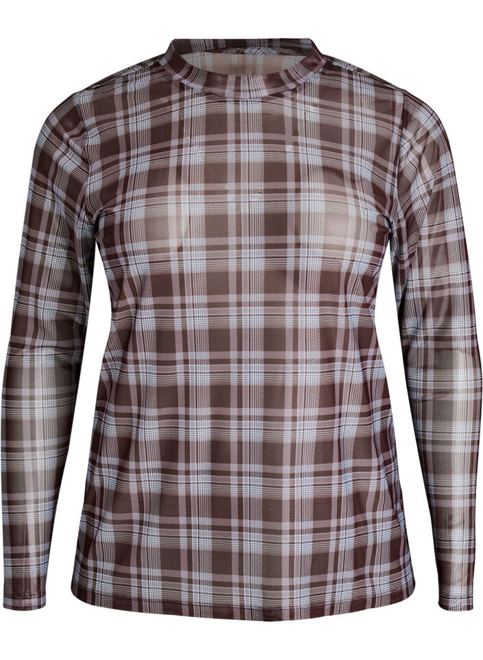 Geruite mesh blouse, Blauw, Packshot image number 0