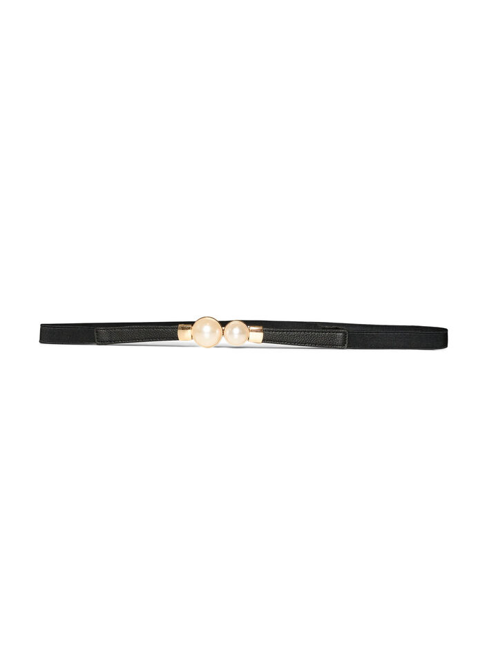 Elastische taille riem met pareldetails, Zwart, Packshot image number 0