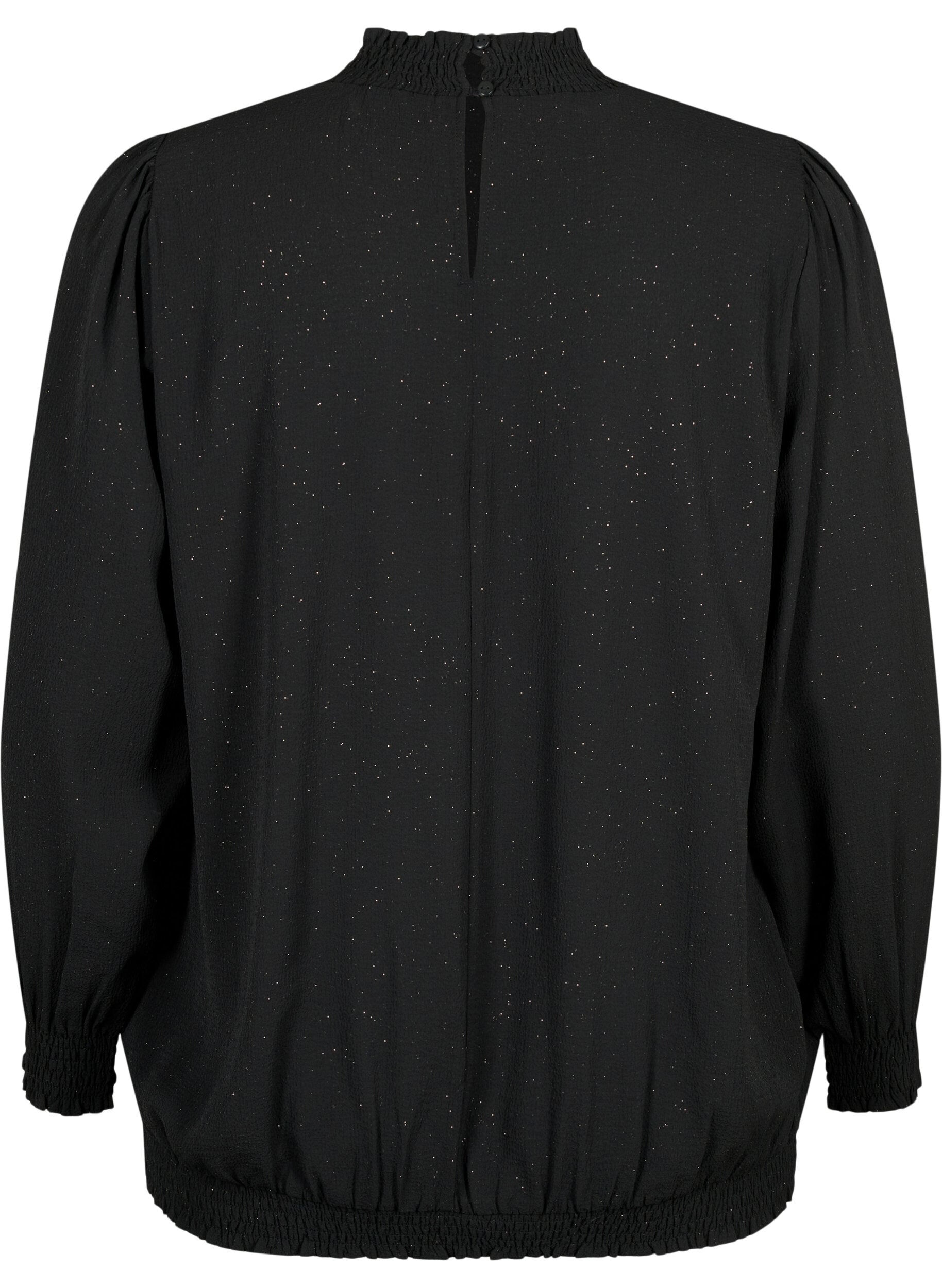 Zizzi FLASH - Blouse met lange mouwen, smok en glitter	, Black w. Silver, Packshot image number 1