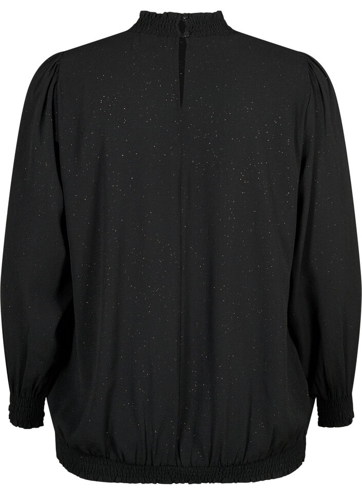 FLASH - Blouse met lange mouwen, smok en glitter	, Black w. Silver, Packshot image number 1
